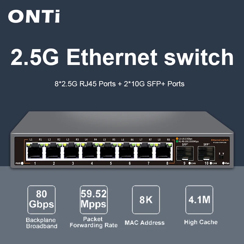 8 Port 2.5G Switch Unmanaged - ONTi Switch Ethernet Não Gerenciado 2.5G,
